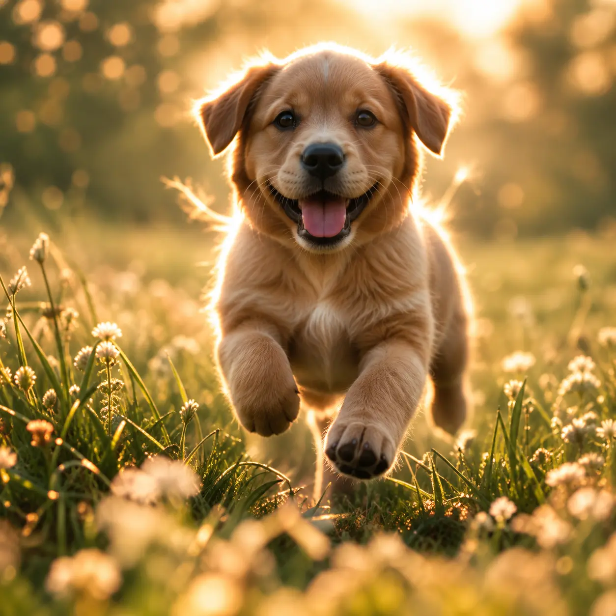 Golden retriever puppy running through a sunlit meadow